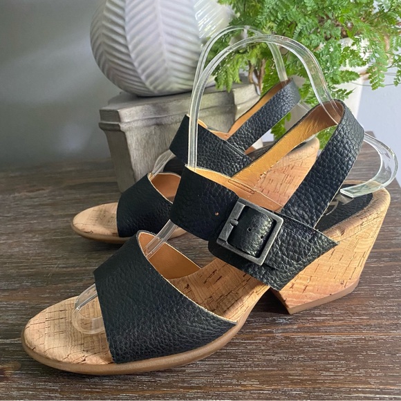 Kork-Ease Korks Laurelin Black Pebbled Leather Cork Block Heel Sandals Women 8 M - Picture 4 of 11